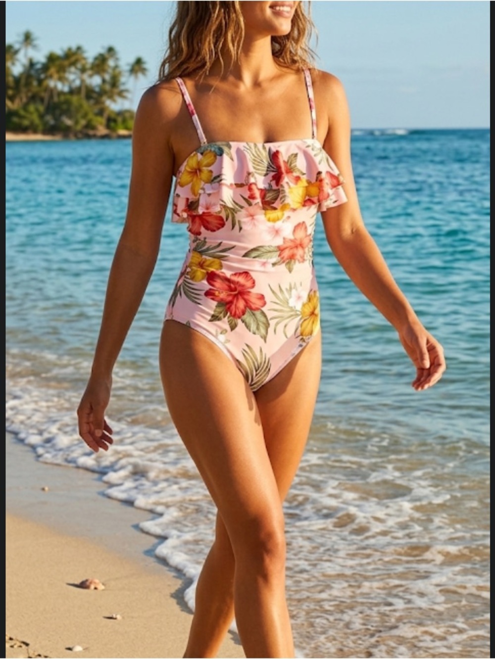 Women's Flounce Front Classic One Piece Swimsuit Multicolor Kona Sol Size L NWT